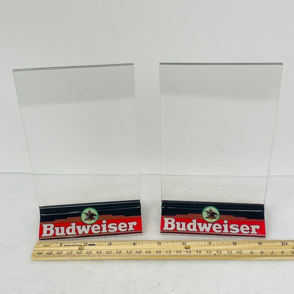 Vintage Budweiser Acrylic Table Tent Sign Holder Pair Clear Bar Menu Display 8in